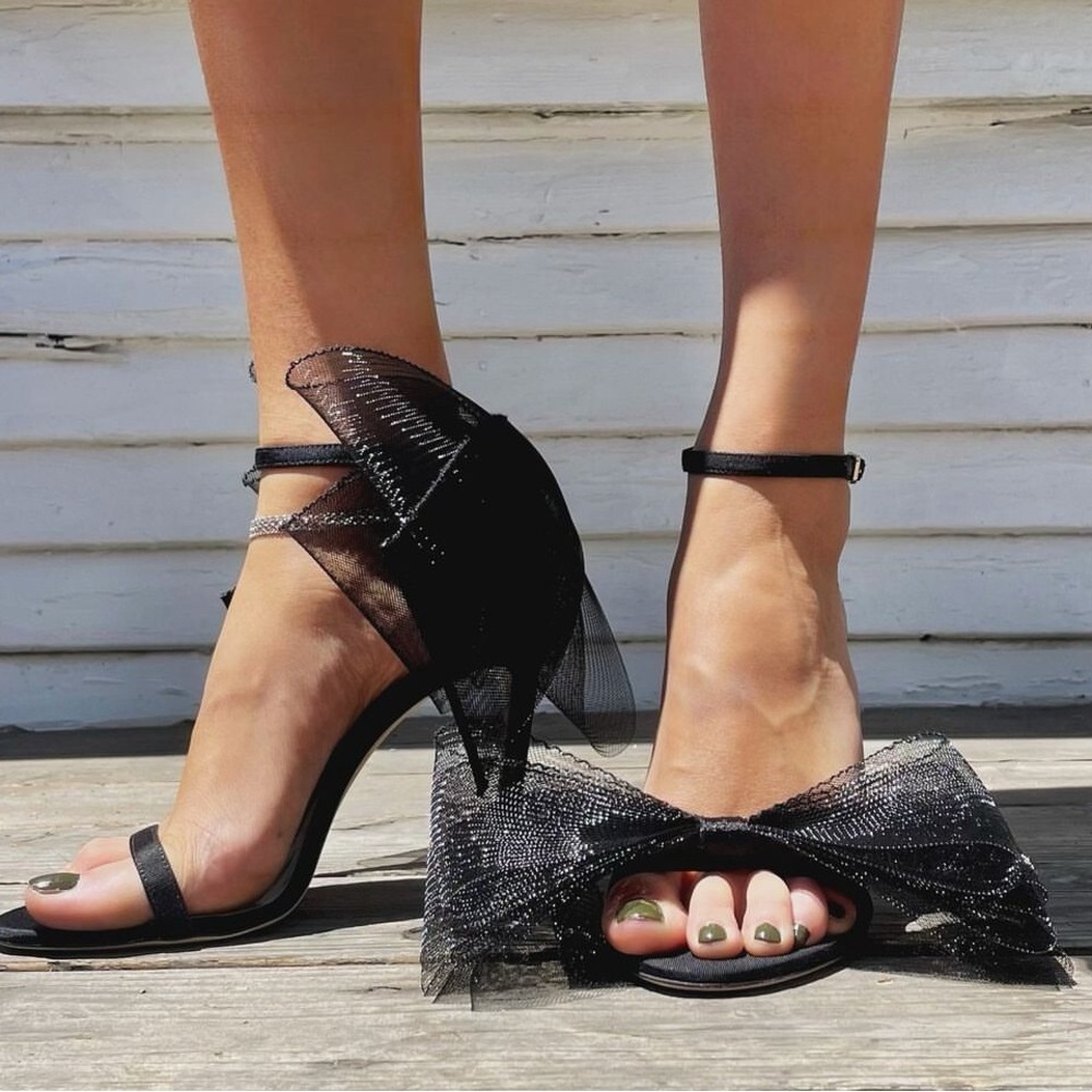 Jimmy Choo Aveline 100 - Elegant Black Mesh Bow Designer Heels